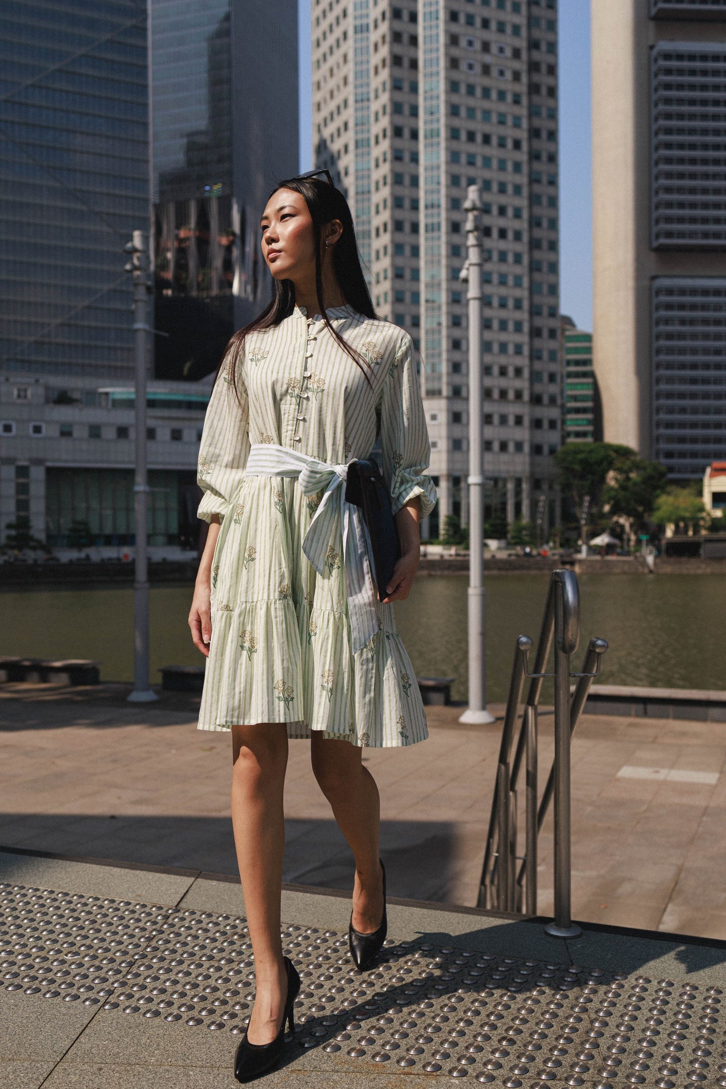 Clover Mini Amber Rose breathable cotton short dress with hand block printed floral pattern