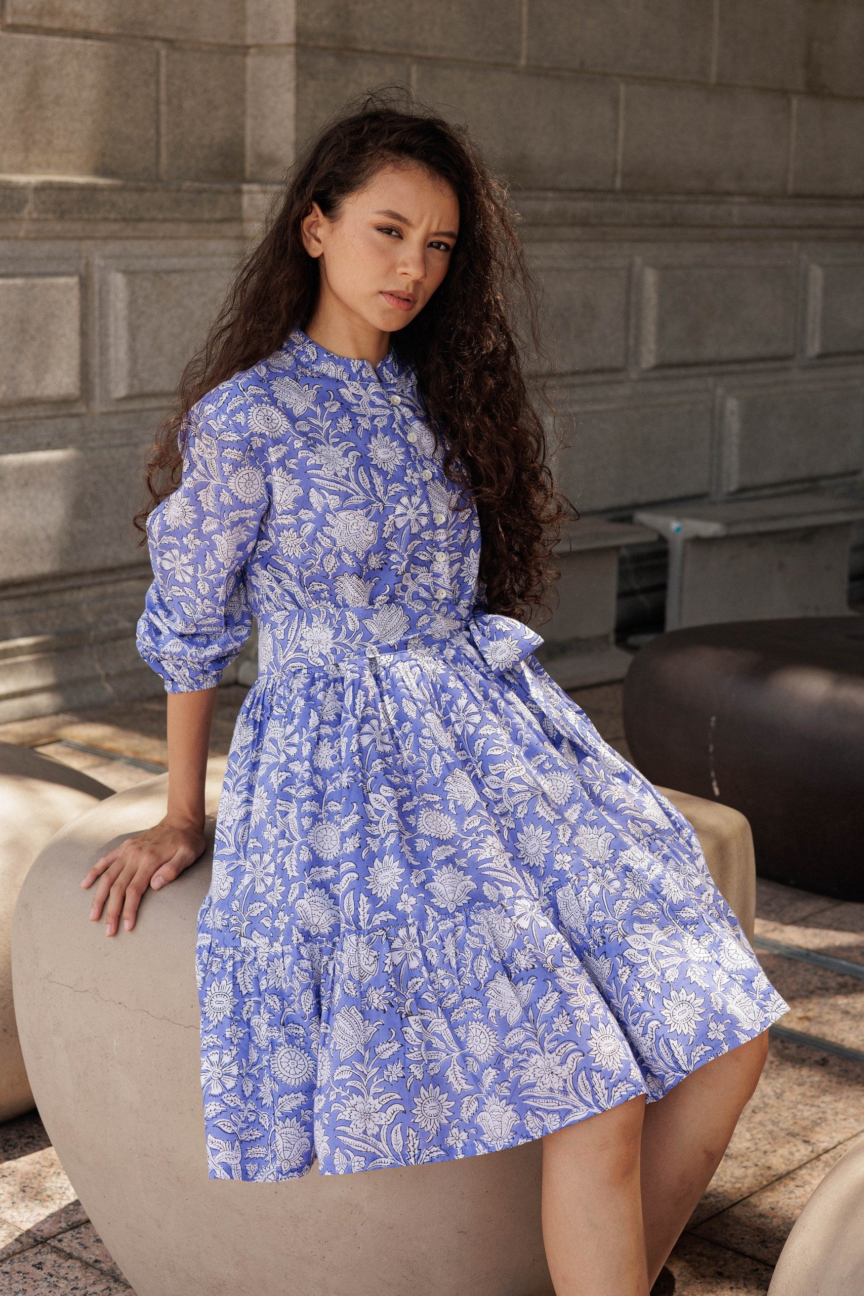 Clover Mini Lavender short cotton dress with artisanal block printing and soft Provence-inspired colours.