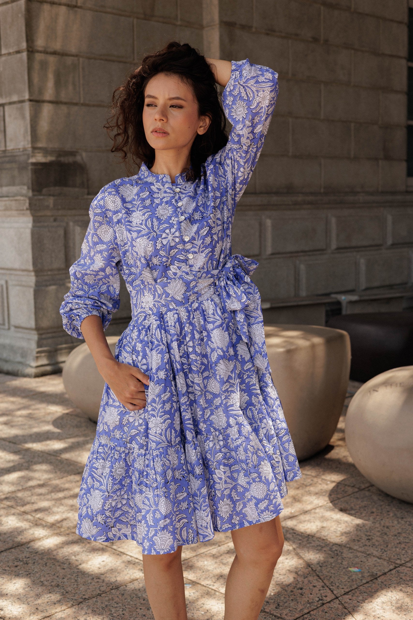 Clover Mini Lavender resort wear dress in breathable cotton with an elegant floral block print design