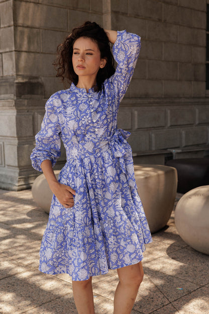 Clover Mini Lavender resort wear dress in breathable cotton with an elegant floral block print design