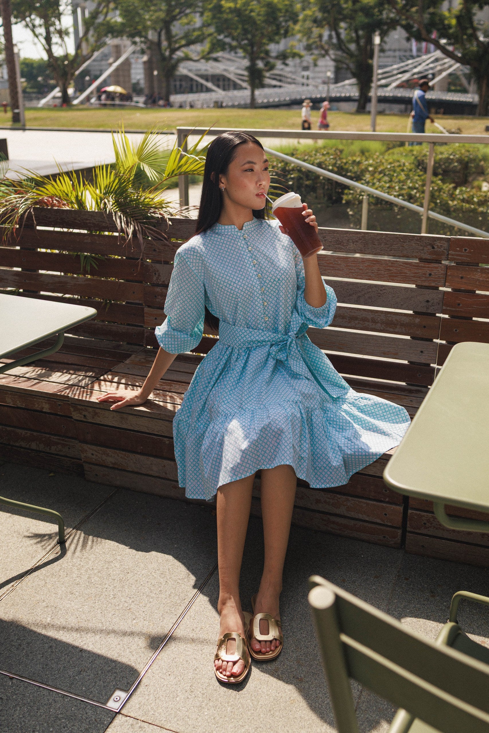 Clover Mini Peranakan Aqua breathable cotton dress with optional waist sash mini dress