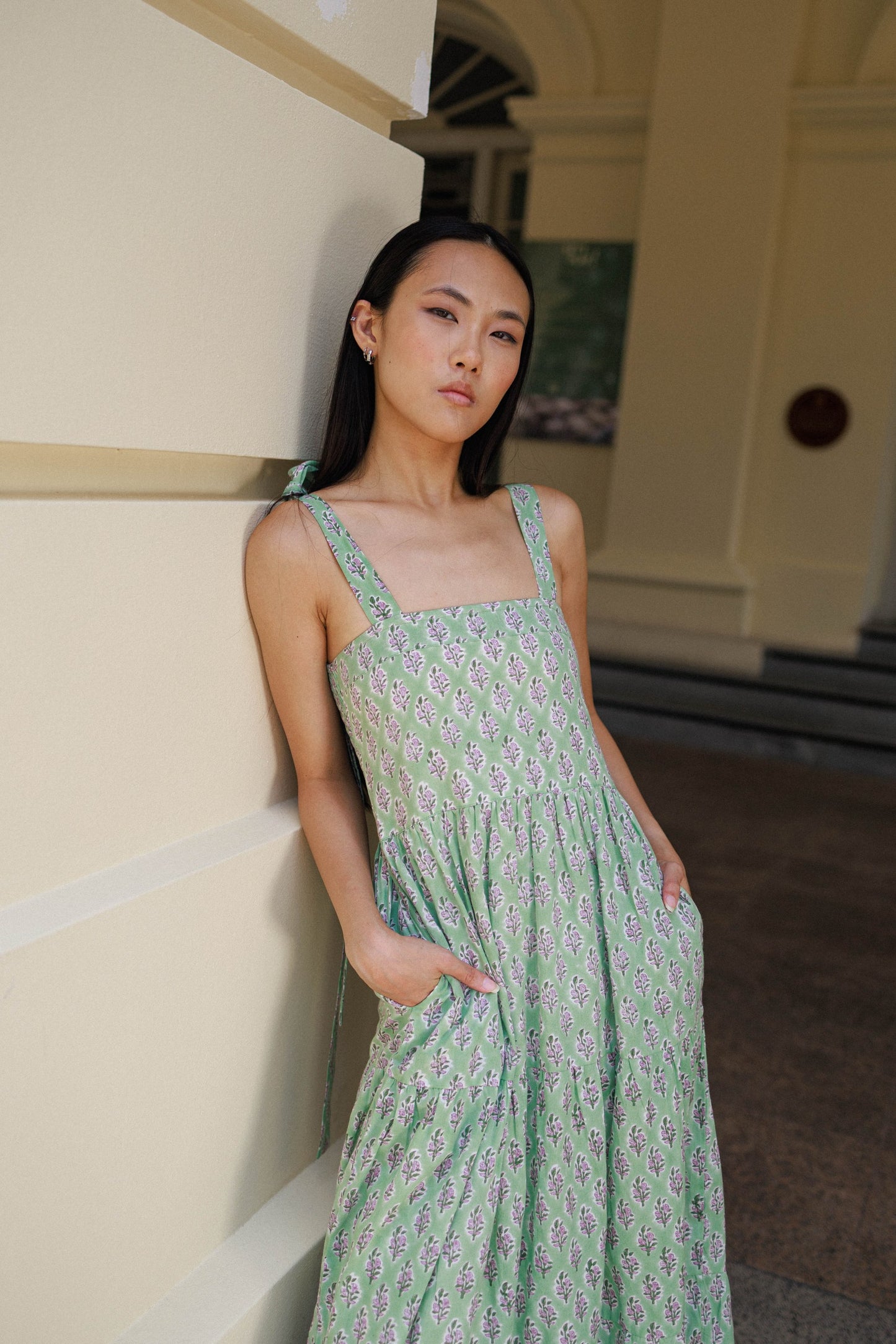Cotton block print maxi dress pistachio green with lilac floral print perfect for resortwear