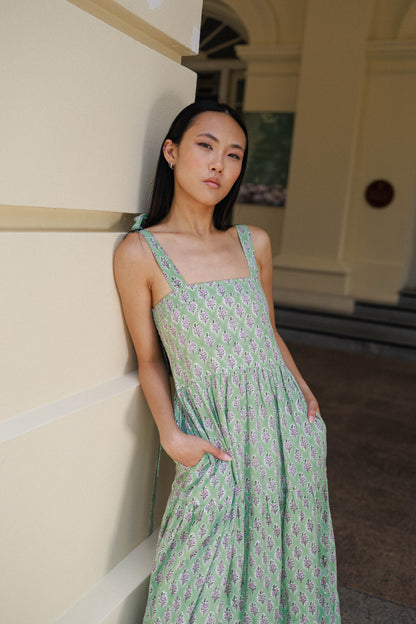 Cotton block print maxi dress pistachio green with lilac floral print perfect for resortwear