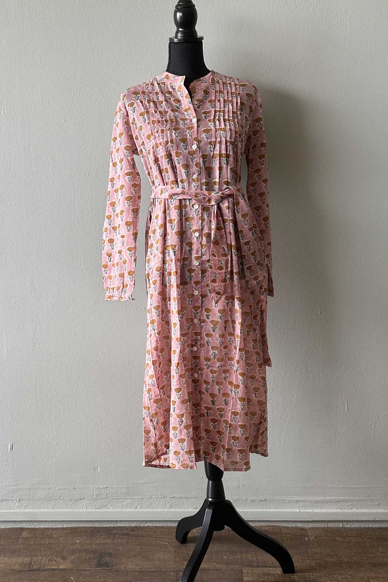 Dusky Pink Raw Sienna Block Print Tulip Midi Dress