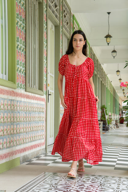 Festive Maxi dress in red cotton checks