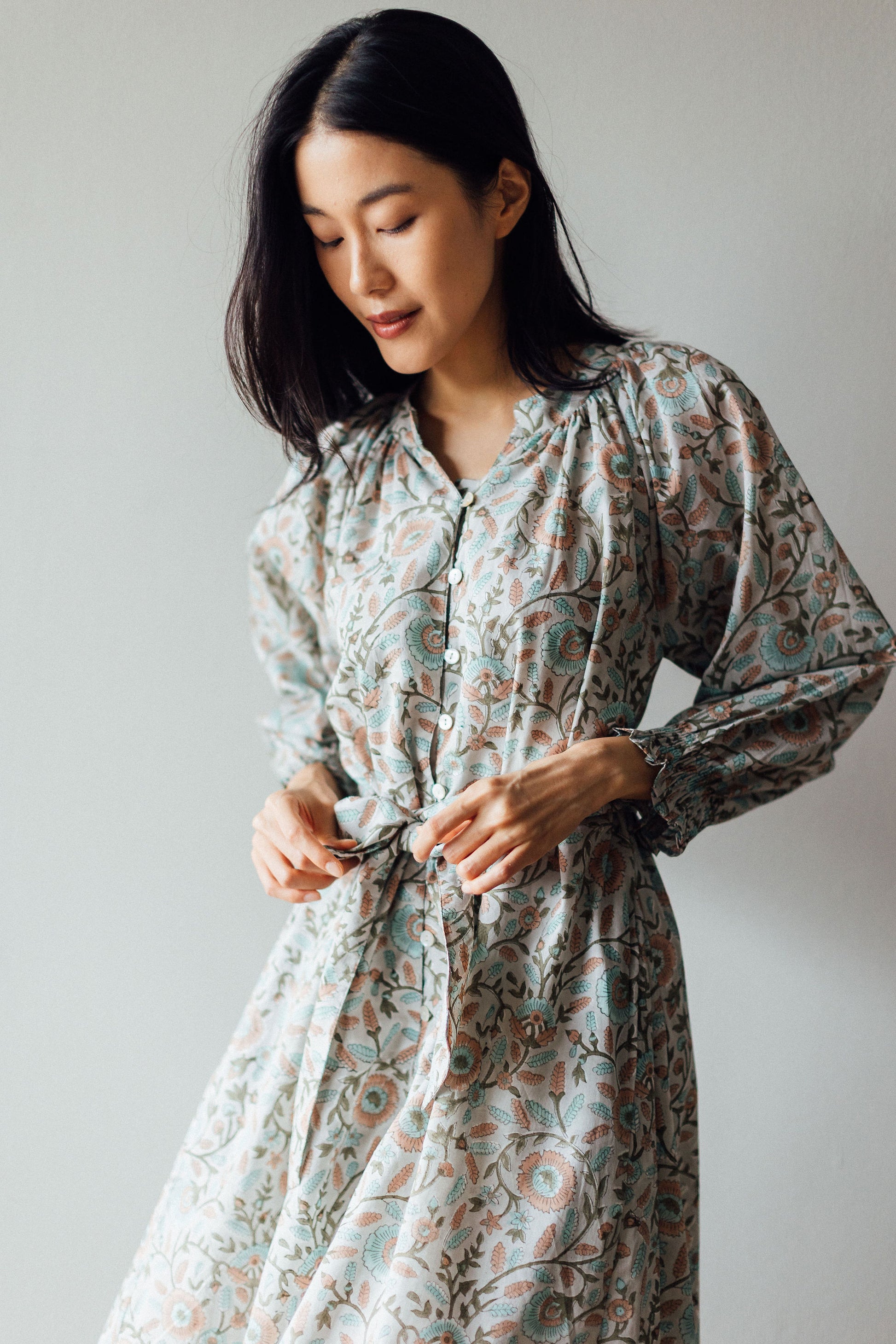 Floral Hand Printed Cotton Midi Dress with Sash Belt