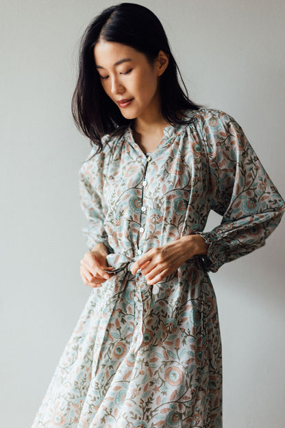 Floral Hand Printed Cotton Midi Dress with Sash Belt