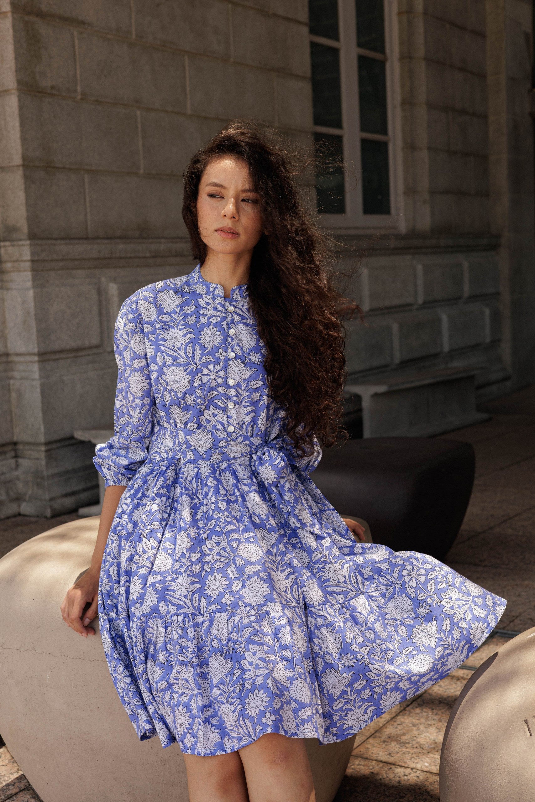 Floral cotton mini dress in lavender blue featuring exclusive Artful House block print craftsmanship.