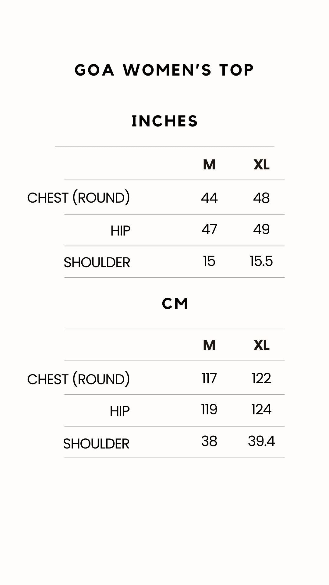Goa Top sizing chart