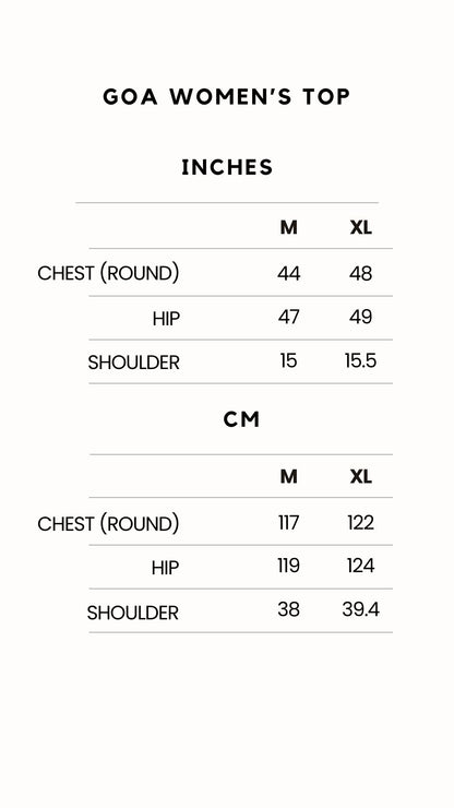 Goa Top sizing chart
