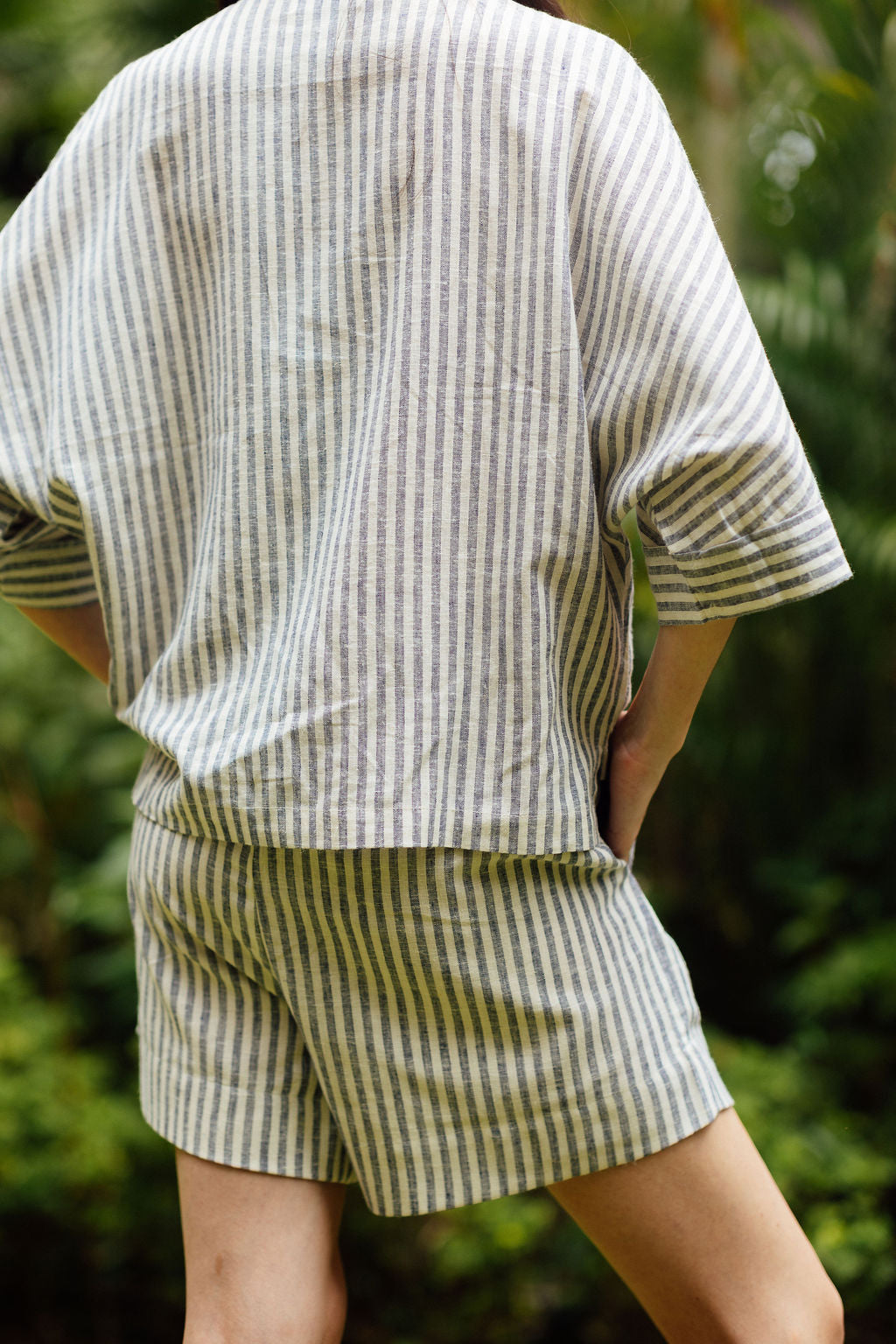 Goa Top Slate Linen elegant striped linen blouse for casual summer outfits and holidays