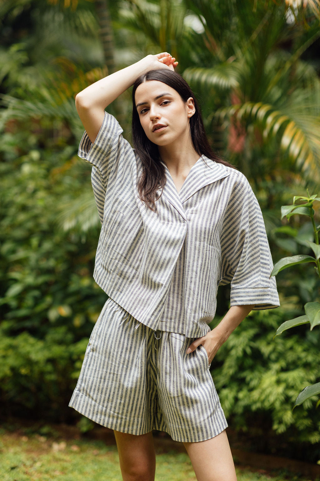 Goa Top Slate Linen elegant striped linen blouse for casual summer outfits and holidays