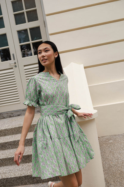 Green and lilac floral mini dress hand printed cotton summer dress