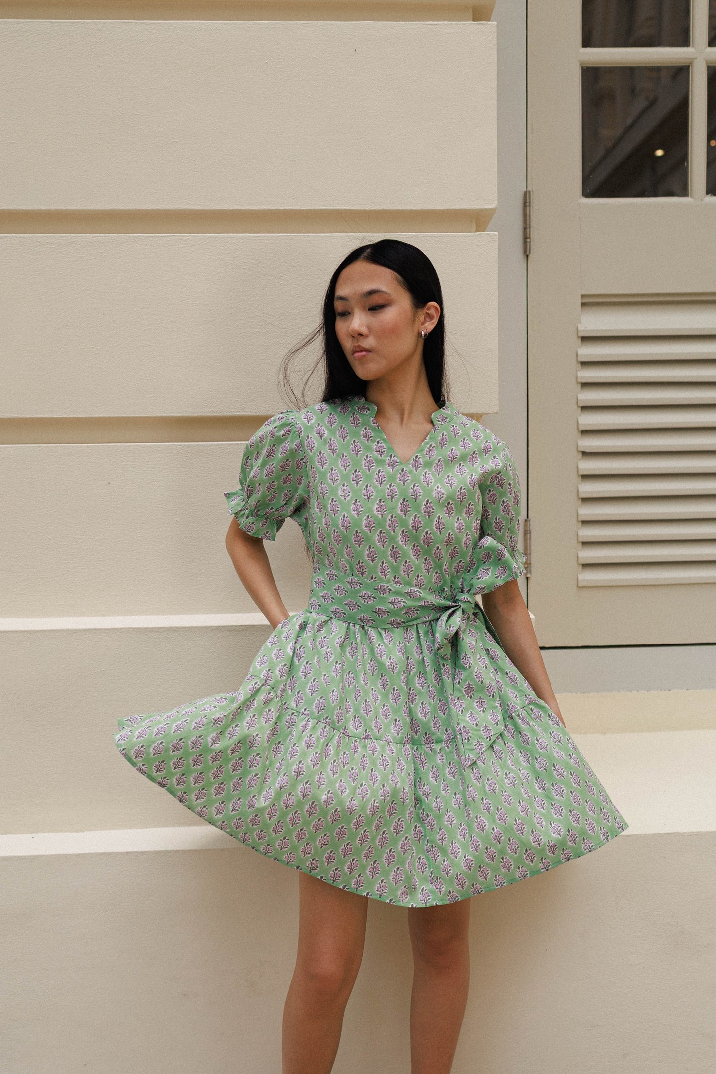 Hand block printed cotton dress pistachio green lilac florals mini dress