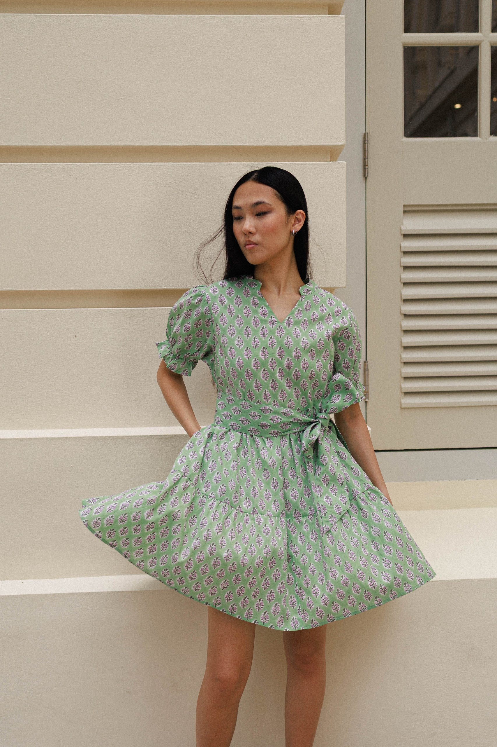 Hand block printed cotton dress pistachio green lilac florals mini dress