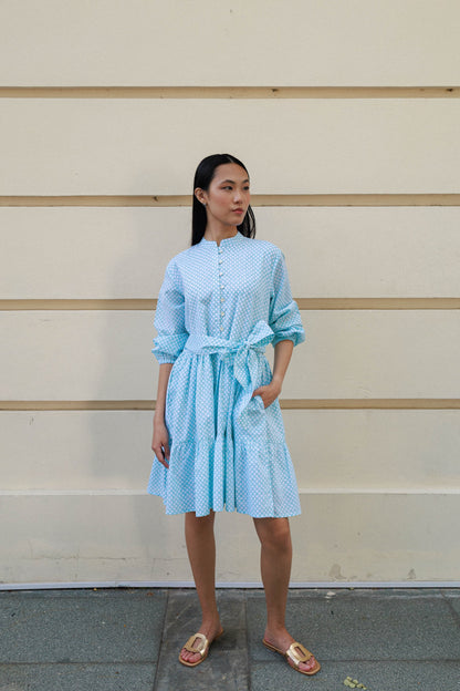 Hand block printed cotton mini dress aqua peranakan tile print short dress Singapore boutique