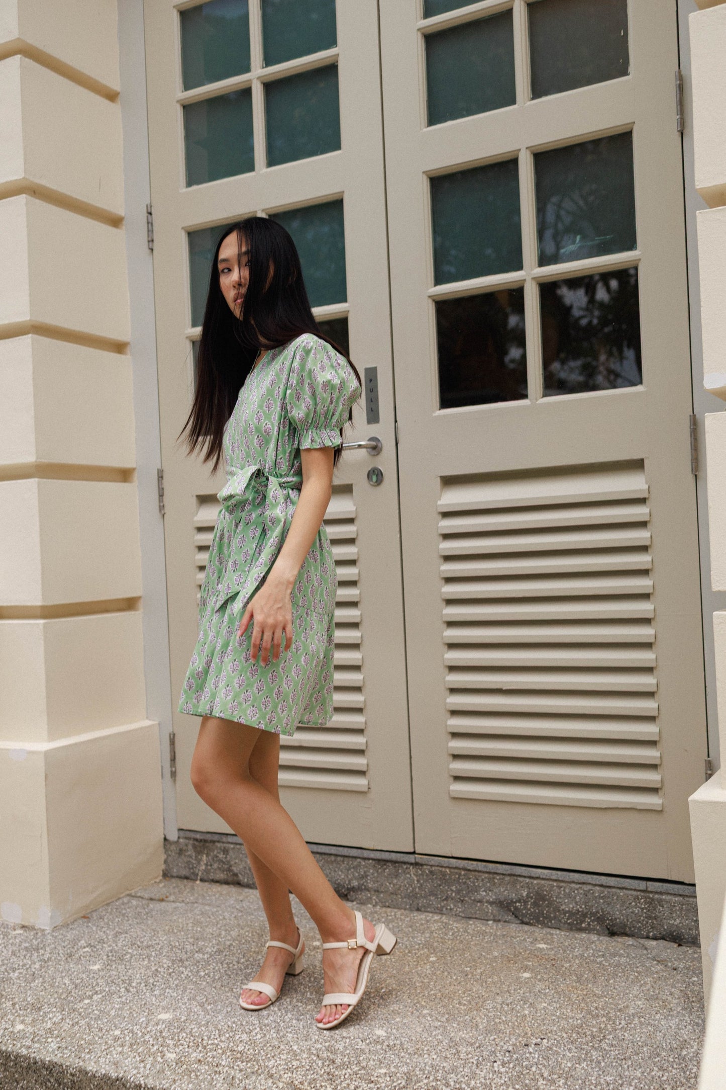 Hand block printed cotton mini dress pistachio bloom with pockets and adjustable belt styling women
