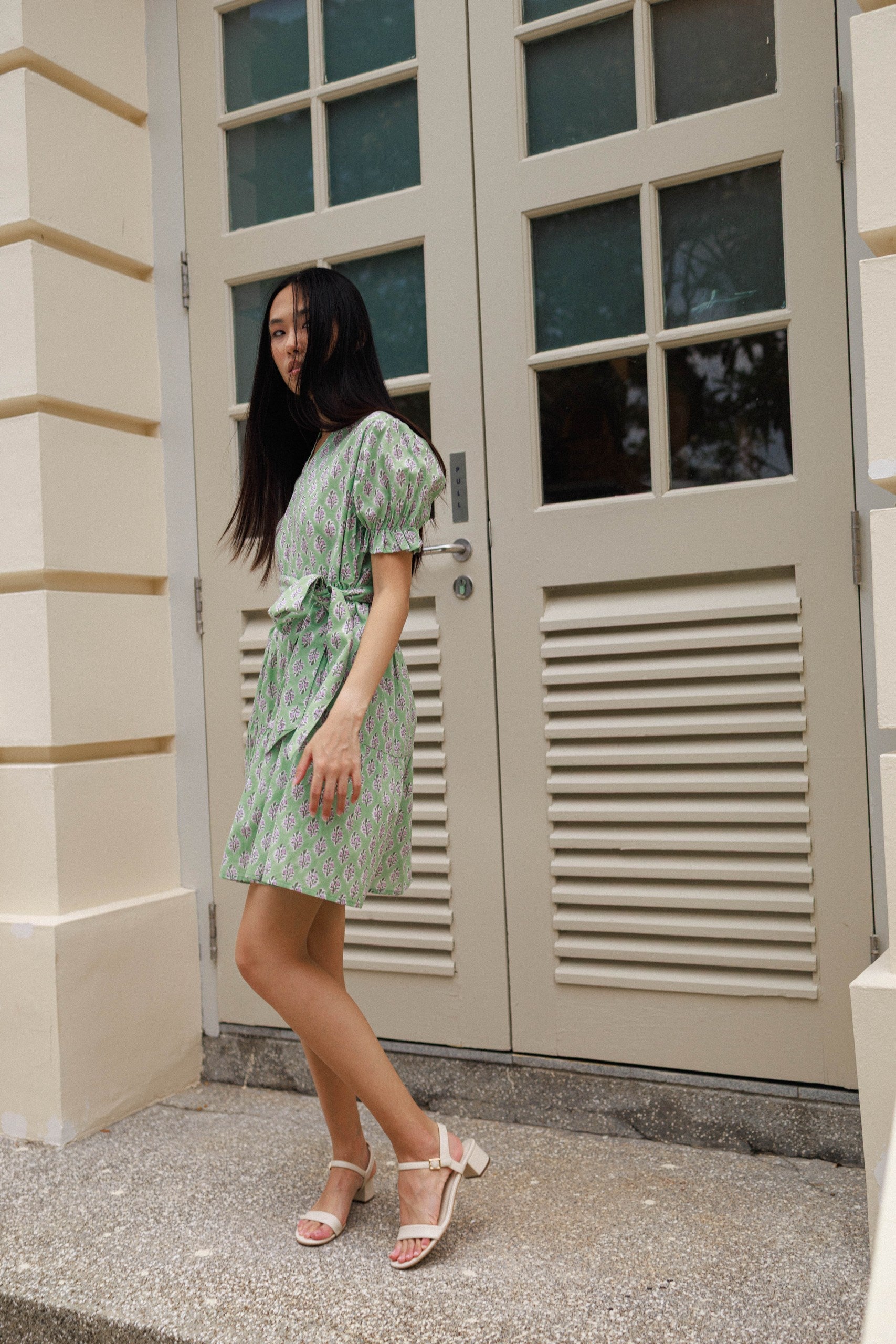Hand block printed cotton mini dress pistachio bloom with pockets and adjustable belt styling women