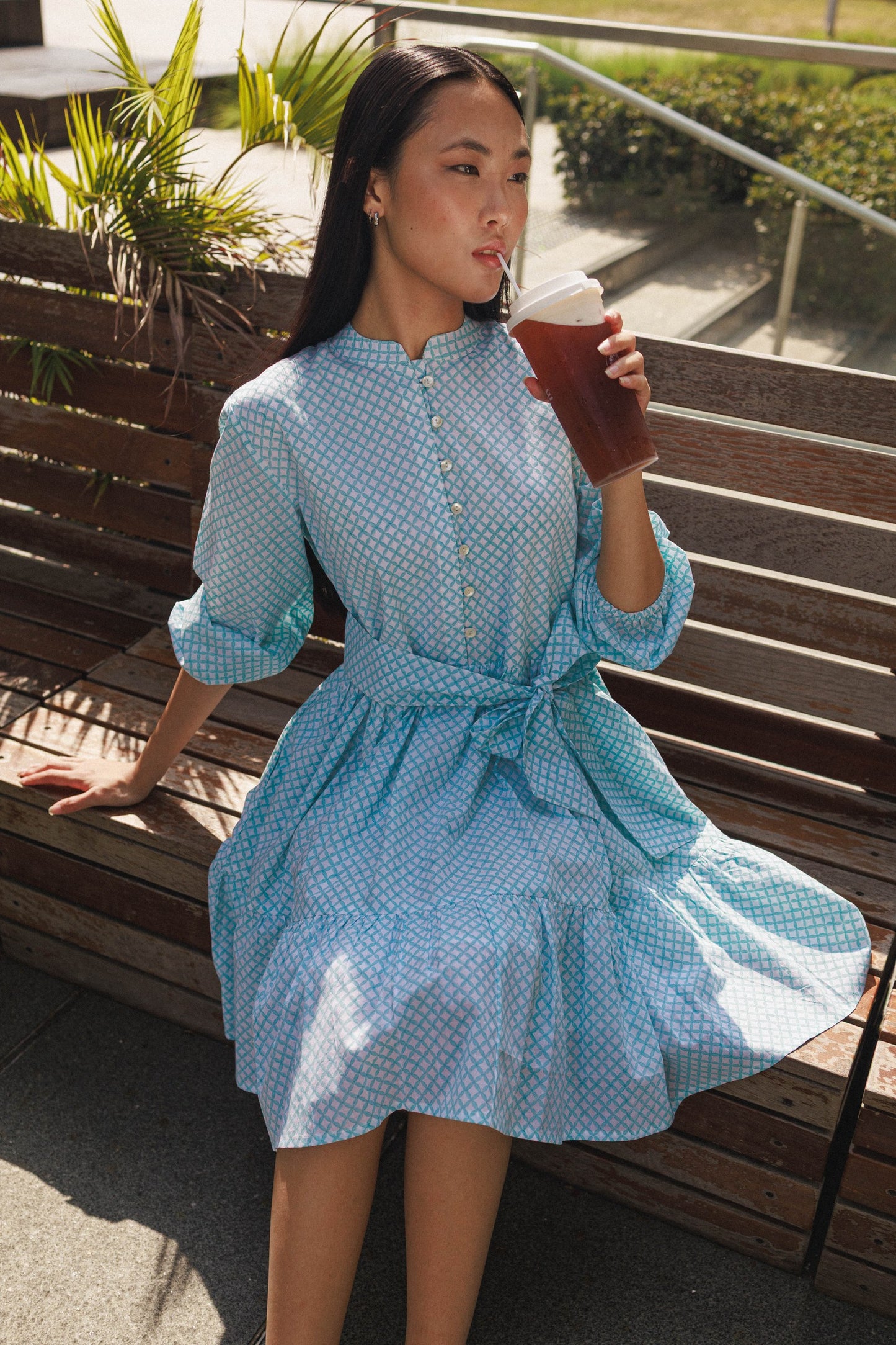 Hand block printed mini dress aqua peranakan print cotton dress Singapore resort wear