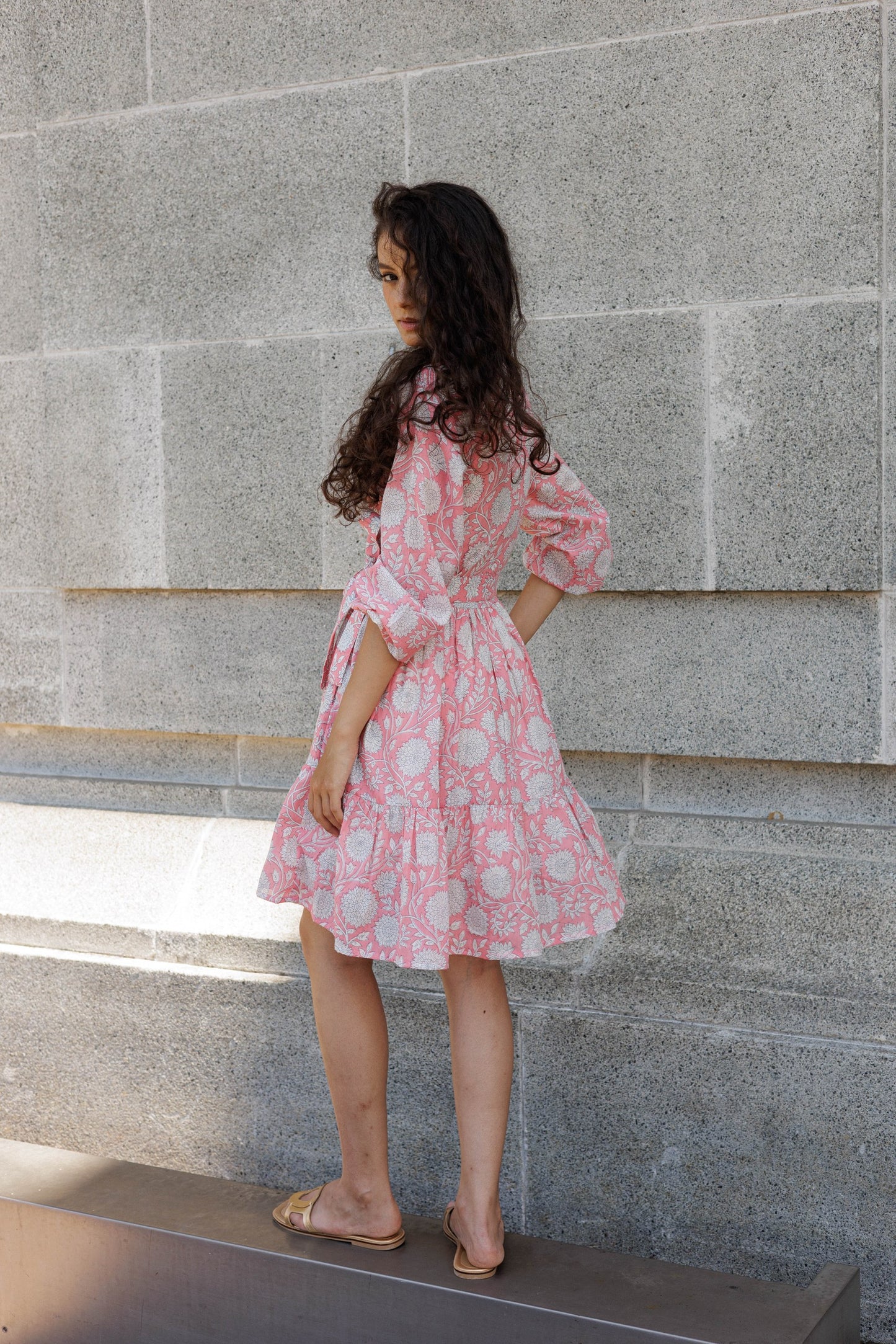 Handcrafted peach cotton dress with waist tie, sash belt and soft floral print for effortless summer dressing
