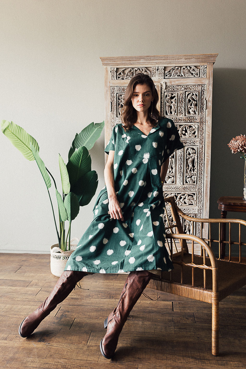 Pine Green Ikat Dot Dress