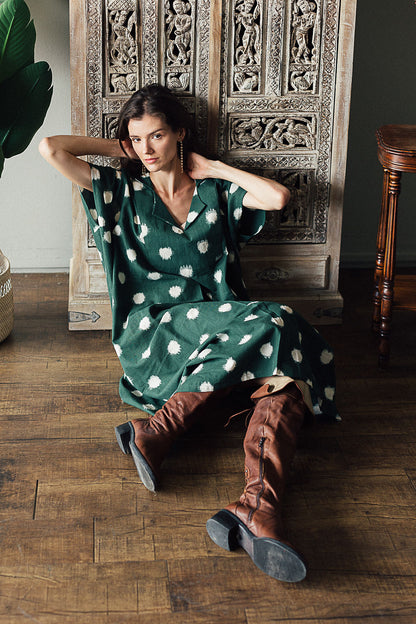 Pine Green Ikat Dot Dress