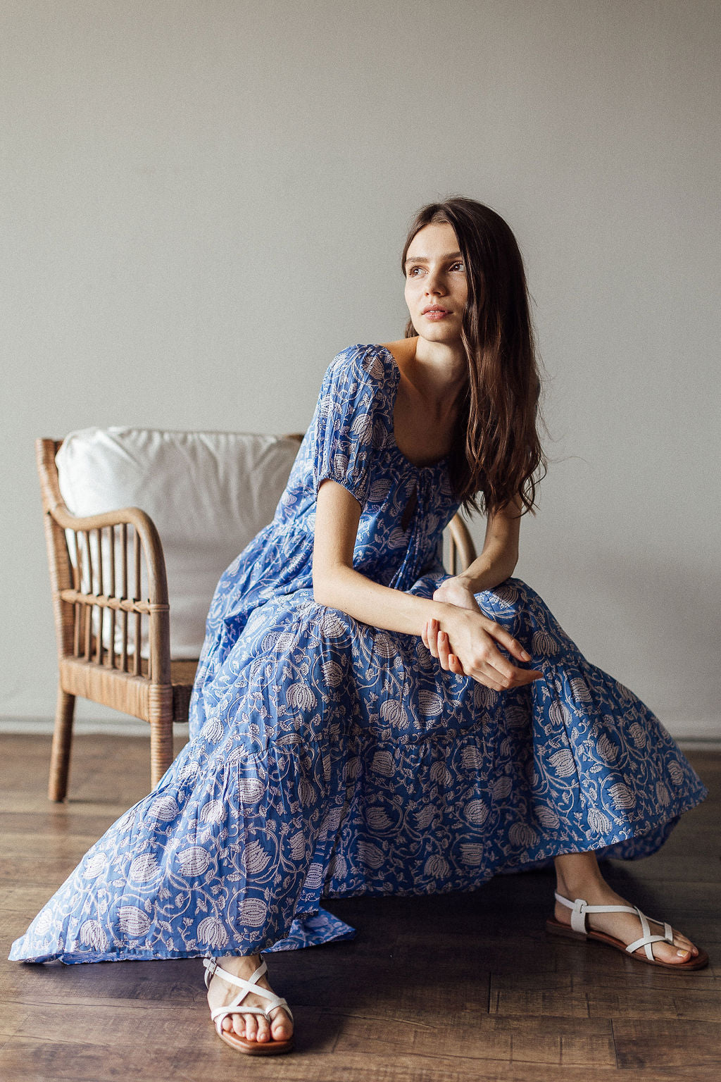 Azure Blue & White Floral Byron Bay Maxi