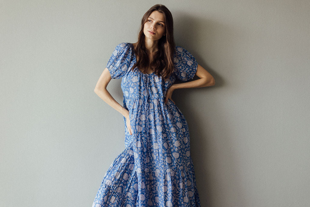 Azure Blue & White Floral Byron Bay Maxi