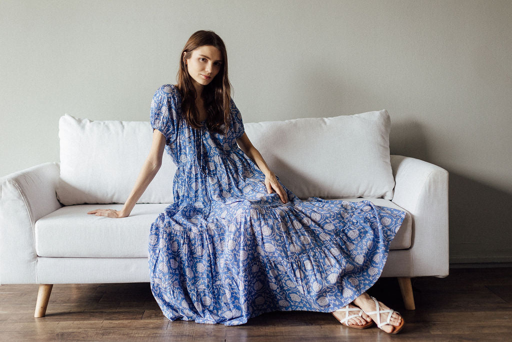 Azure Blue & White Floral Byron Bay Maxi