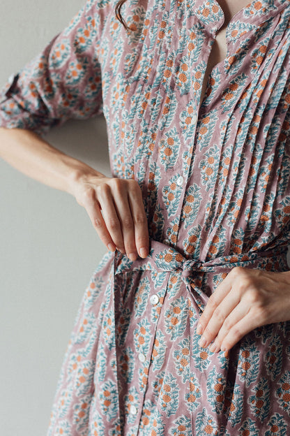 block print dress with belt