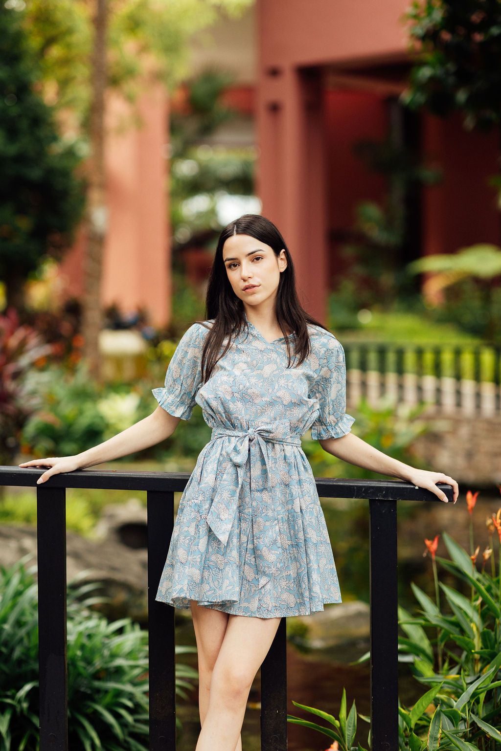 Gerbera Mini Cloud blue and white hand block printed mini cotton dress with short sleeves and matching belt