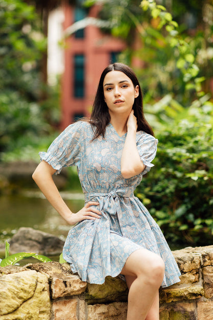 Women’s blue and white floral block print mini dress in breathable Indian cotton