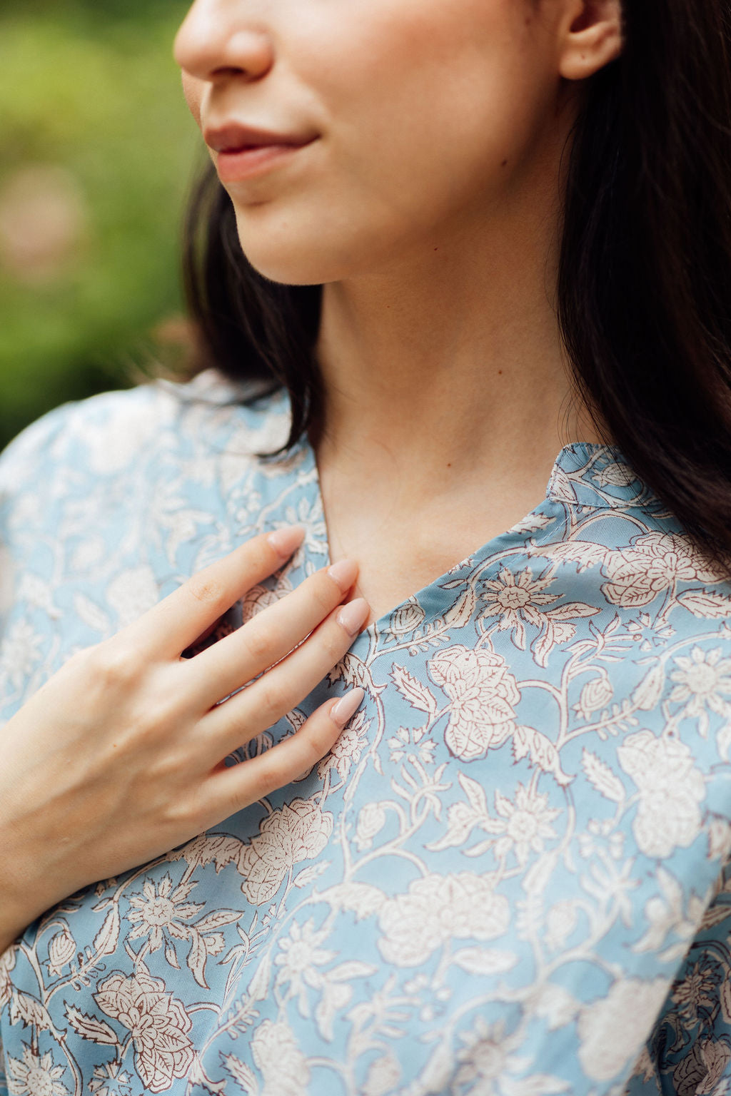 Blue and white floral block print dress