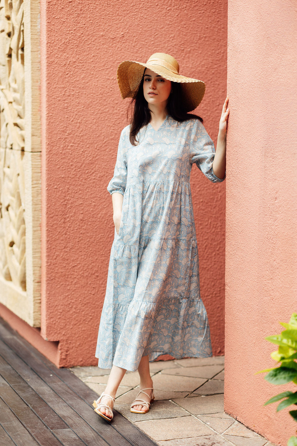 Cloud blue cotton maxi dress, Artful House Fern Maxi featuring hand block printed florals.