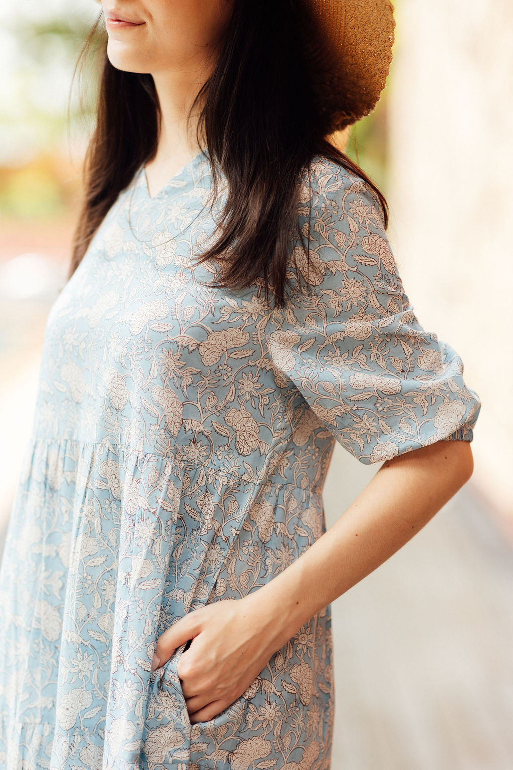 Artful House Fern Maxi Dress in pale blue, unlined cotton block print maxi with pockets.