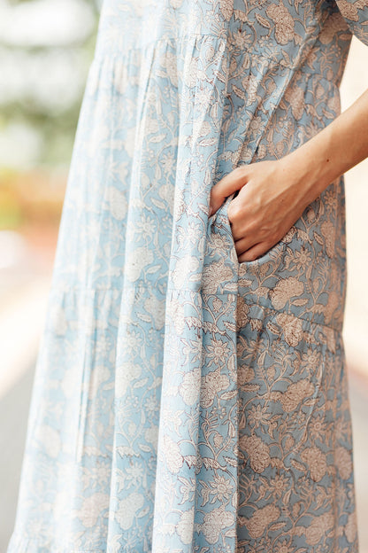 Fern Maxi Dress in Cloud Blue by Artful House, pale blue block printed cotton maxi with pockets