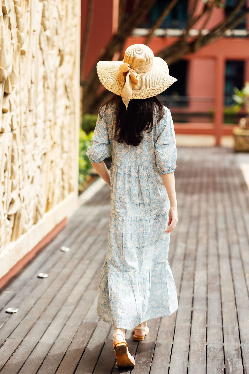 Pale blue cotton maxi dress, Artful House Fern Maxi – Cloud Blue, showcasing traditional block printing and an easy, elegant silhouette.