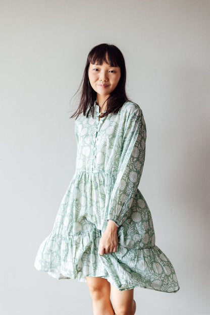 Pale Green Lily Mini Indian Cotton Dress