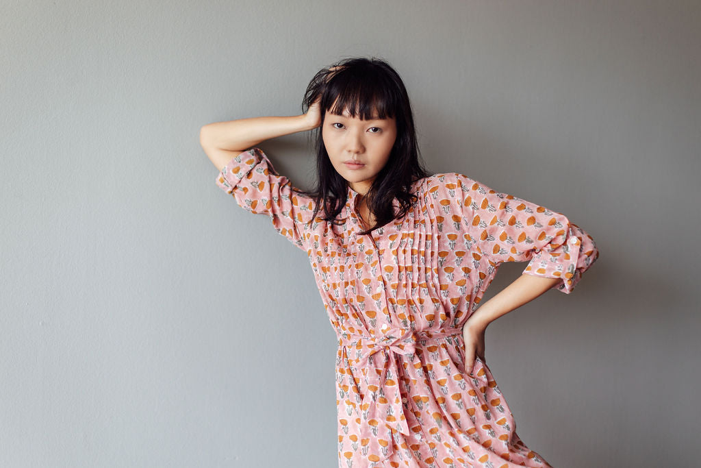 Dusky Pink Raw Sienna Block Print Tulip Midi Dress