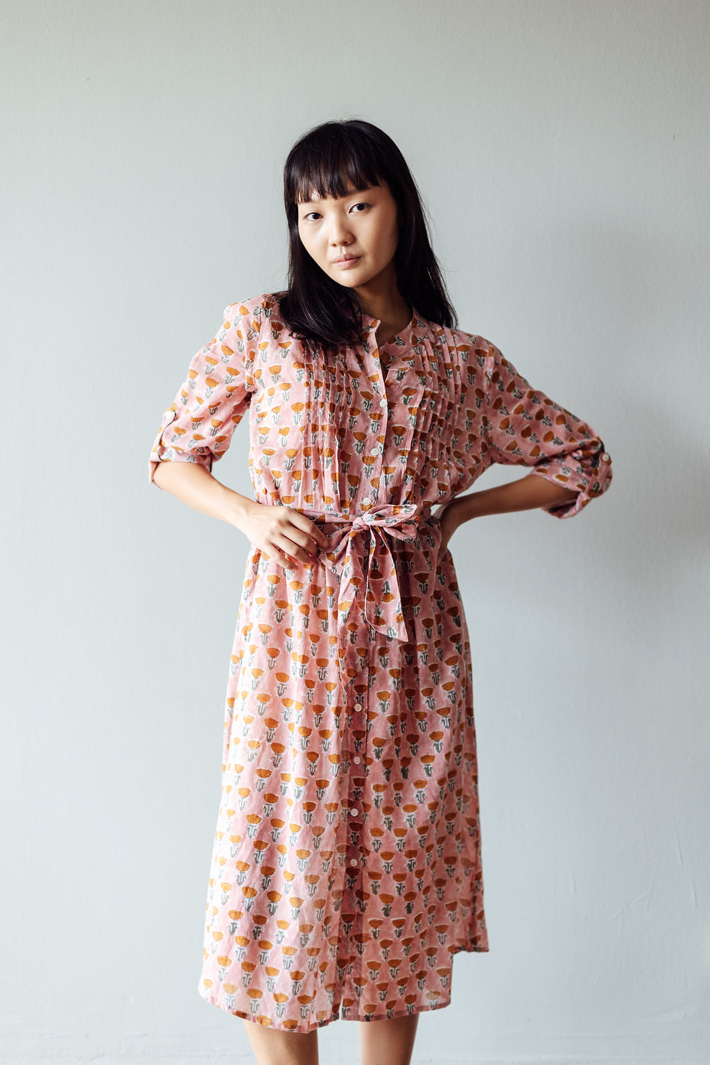 Dusky Pink Raw Sienna Block Print Tulip Midi Dress