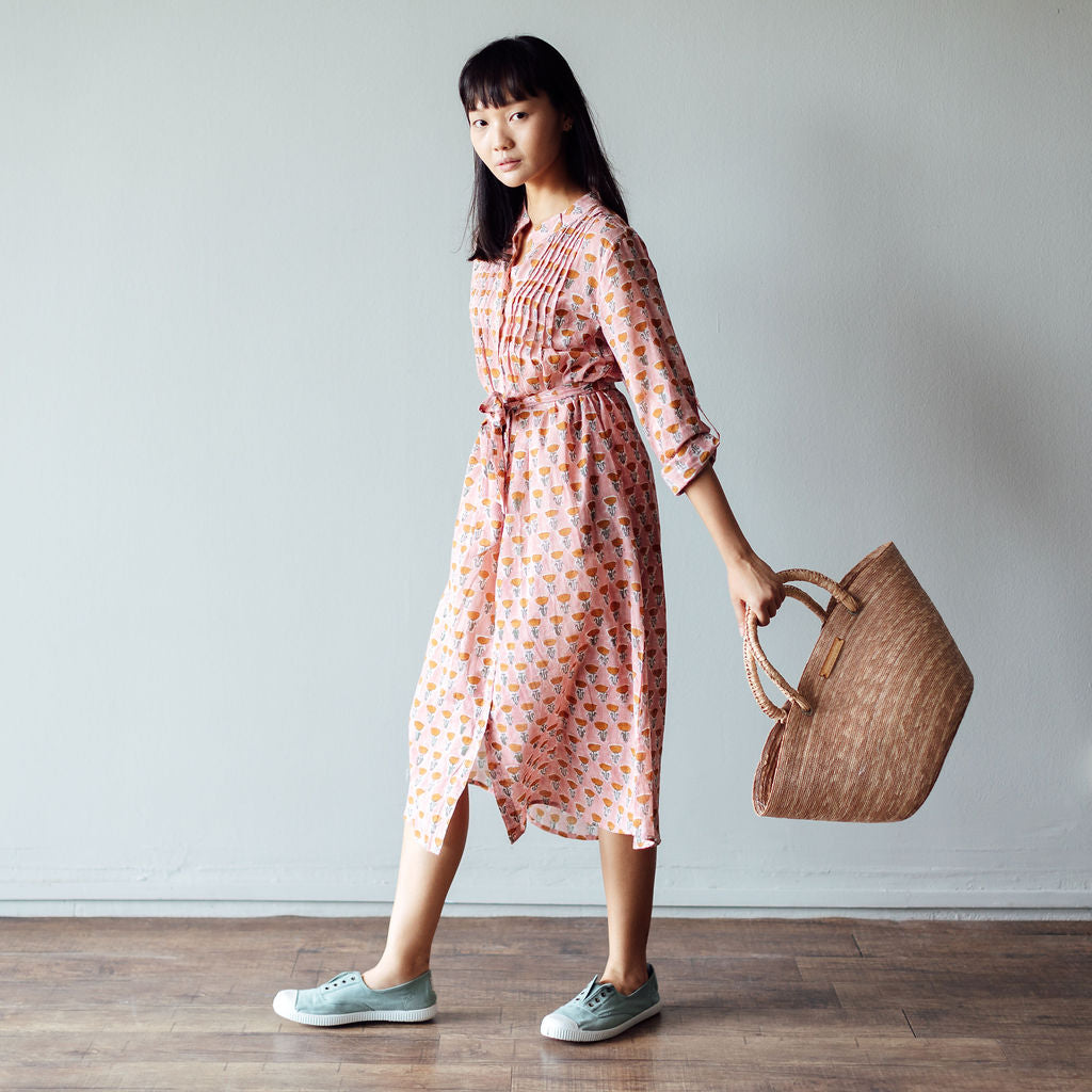 Dusky Pink Raw Sienna Block Print Tulip Midi Dress