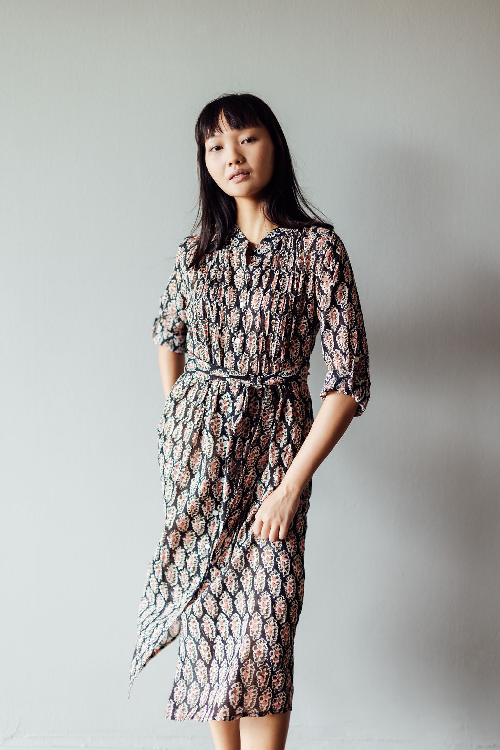 Black & Peach Block Print Tulip Midi