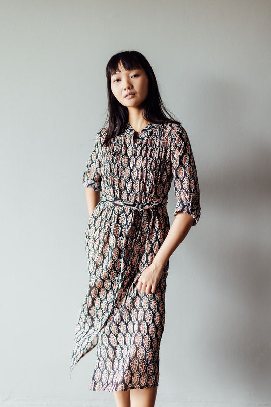 Black & Peach Block Print Tulip Midi