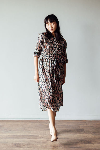 Black & Peach Block Print Tulip Midi