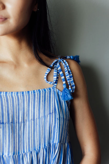 Azure Blue & White Stripes Block Print Frangipani Slip Dress