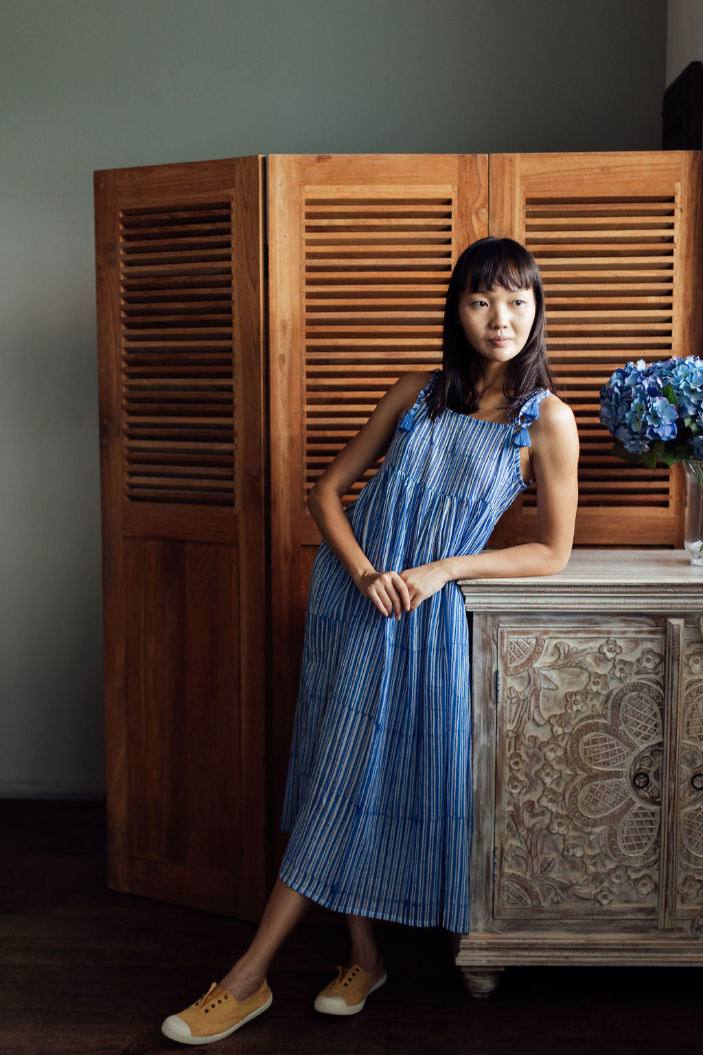 Azure Blue & White Stripes Block Print Frangipani Slip Dress