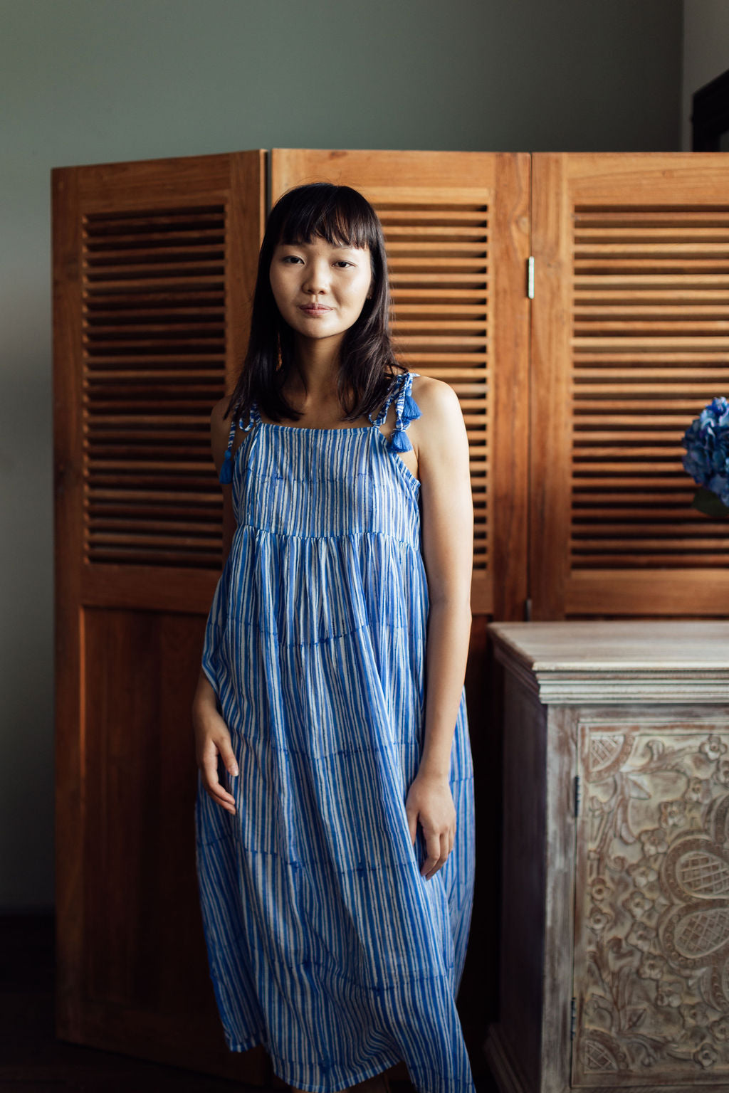 Azure Blue & White Stripes Block Print Frangipani Slip Dress