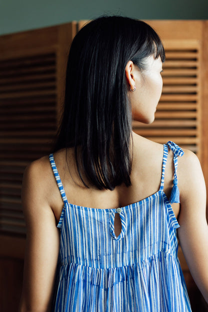 Azure Blue & White Stripes Block Print Frangipani Slip Dress