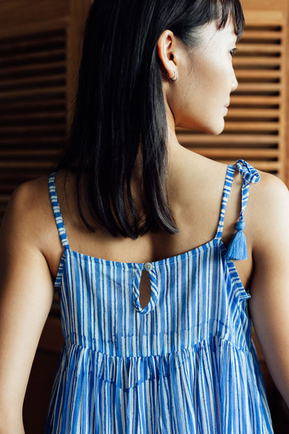 Azure Blue and White Block Printed Striped Dress