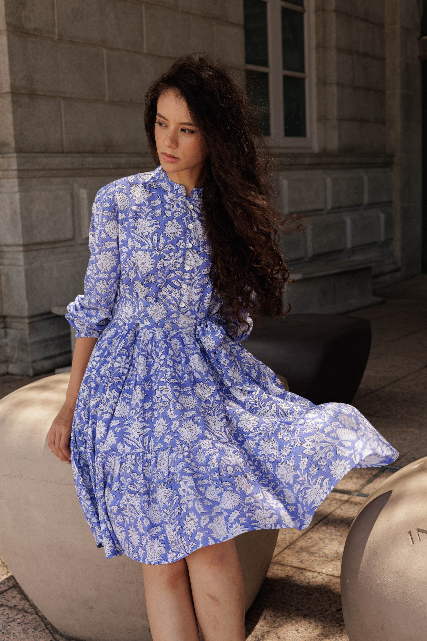 Lavender block print mini dress handcrafted in soft cotton, perfect for holidays, brunches and everyday wear.